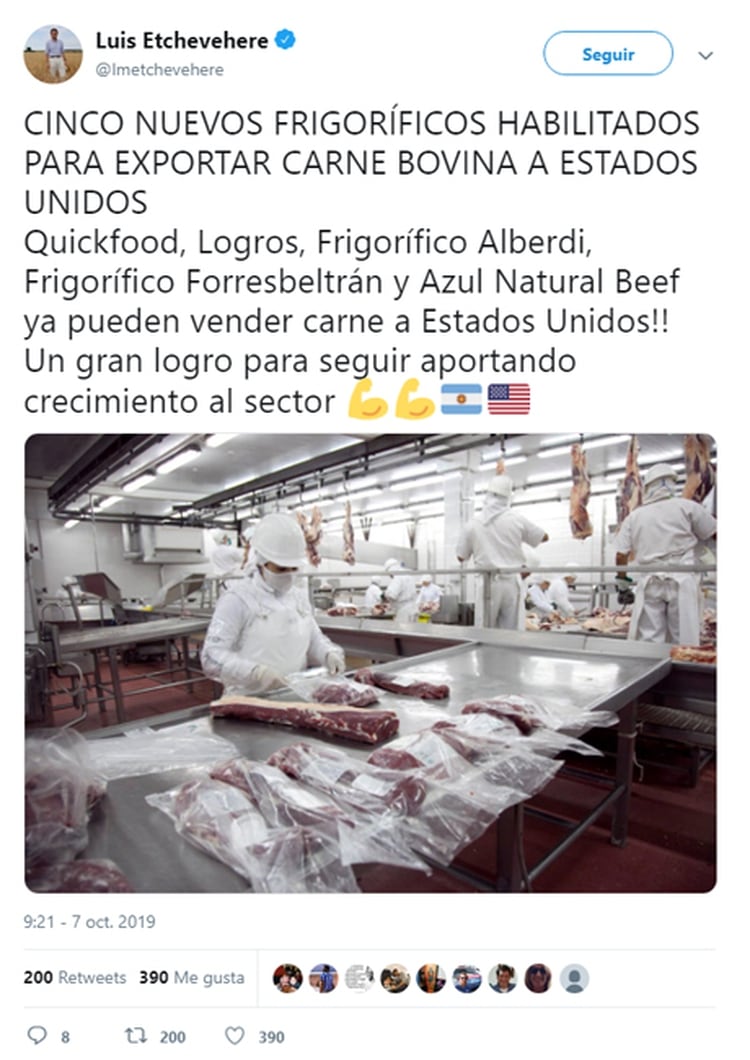 El ministro anunció por redes sociales que la Argentina suma cinco frigoríficos para exportar carne vacuna a los EE. UU. (@lmetchevehere)