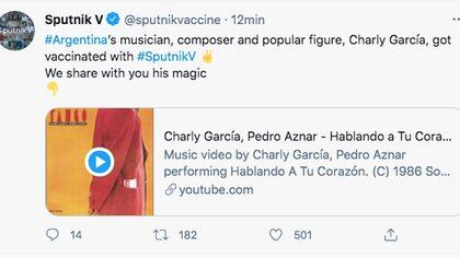 Charly García recibió la Sputnik V y la cuenta oficial de la vacuna lo celebró (Foto: sputnikvaccine)