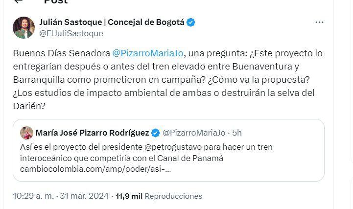 Julián Sastoque le responde a la senadora María José Pizarro - crédito @ELJuliSastoque