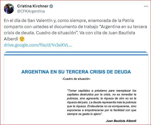 Una captura del mensaje de Cristina Kirchner en redes sociales