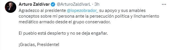 Al ministro en retiro agradeció el respaldo del presidente López Obrador. (X/@ArturoZaldivarL)