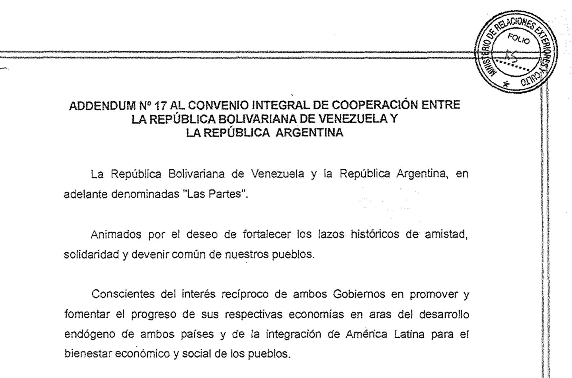 Carátula del Fideicomiso firmado entre Argentina y Venezuela en 2004