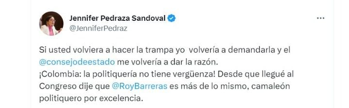 La representante a la Cámara, Jennifer Pedraza, le respondió al expresidente del Congreso, Roy Barreras, acerca de la elección del contralor general Carlos Hernán Rodríguez. Foto @JenniferPedraz/Twitter