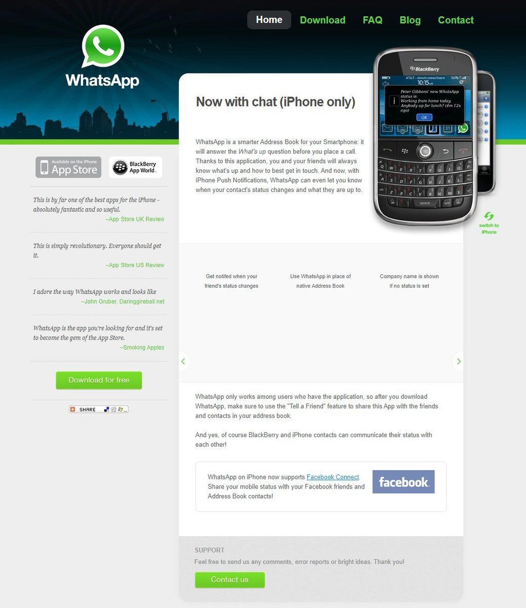 Página web de WhatsApp en 2009. (Web Design Museum)
