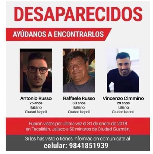 Los ciudadanos italianos, Antonio Russo, Raffaele Russo y Vincezo Cimmino fueron vistos por última vez en la ciudad de Tecalitlán, estado de Jalisco. (EFE/STR)