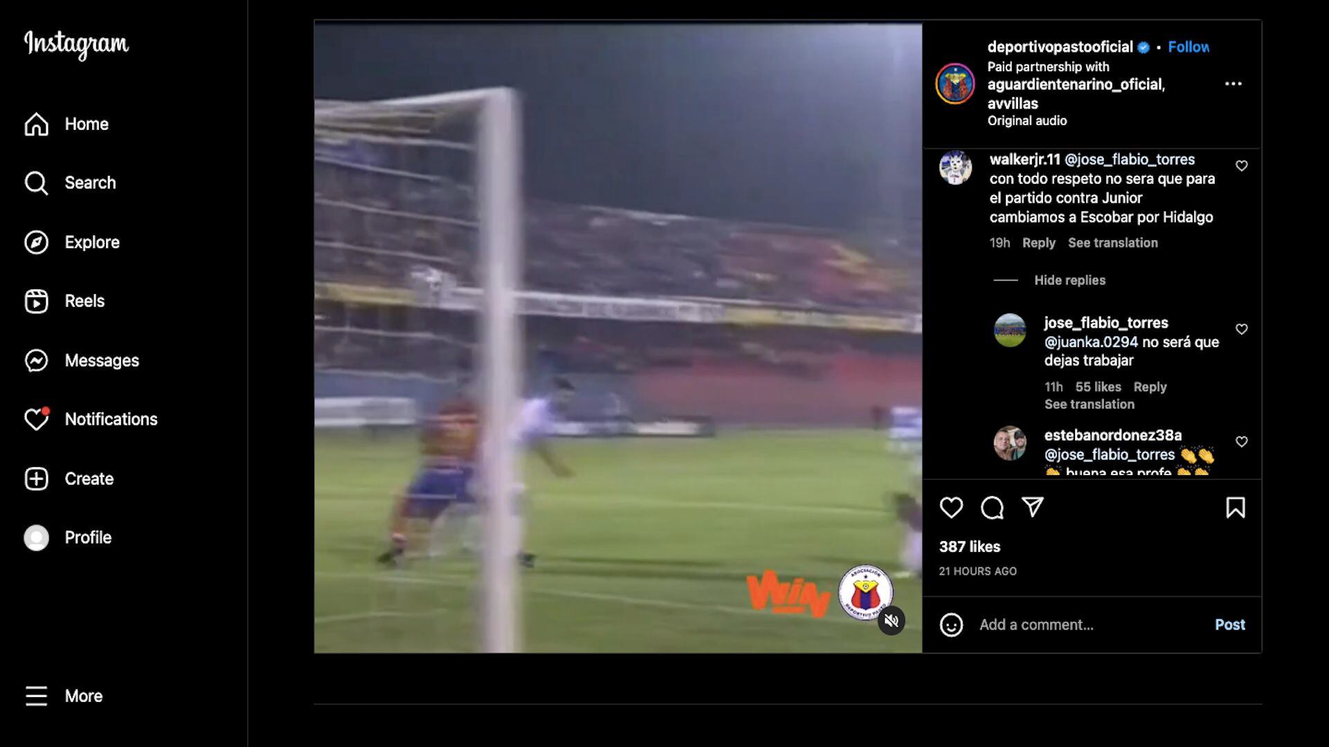 Flabio Torres y su respuesta a un hincha de Deportivo Pasto en Instagram / (Instagram: deportivopastooficial)