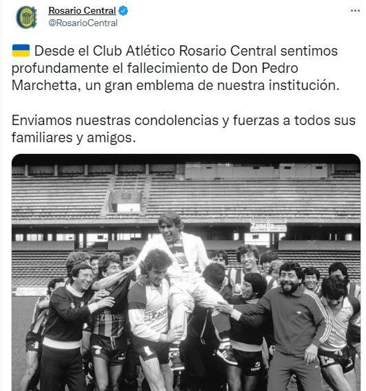 Captura tuit Rosario Central por fallecimiento de Pedro Marchetta