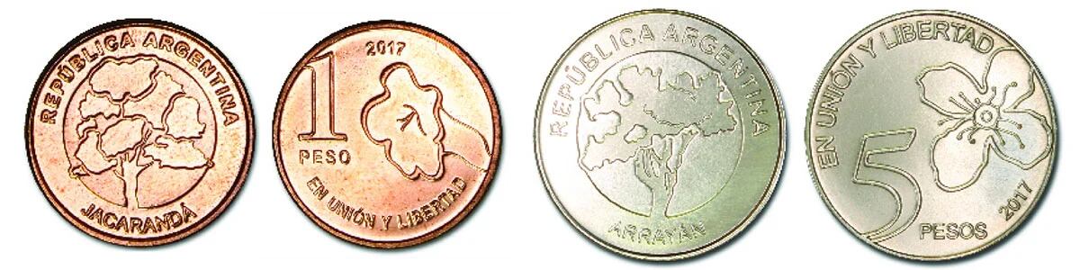 Anverso y reverso de las monedas de 1 y 5 pesos.