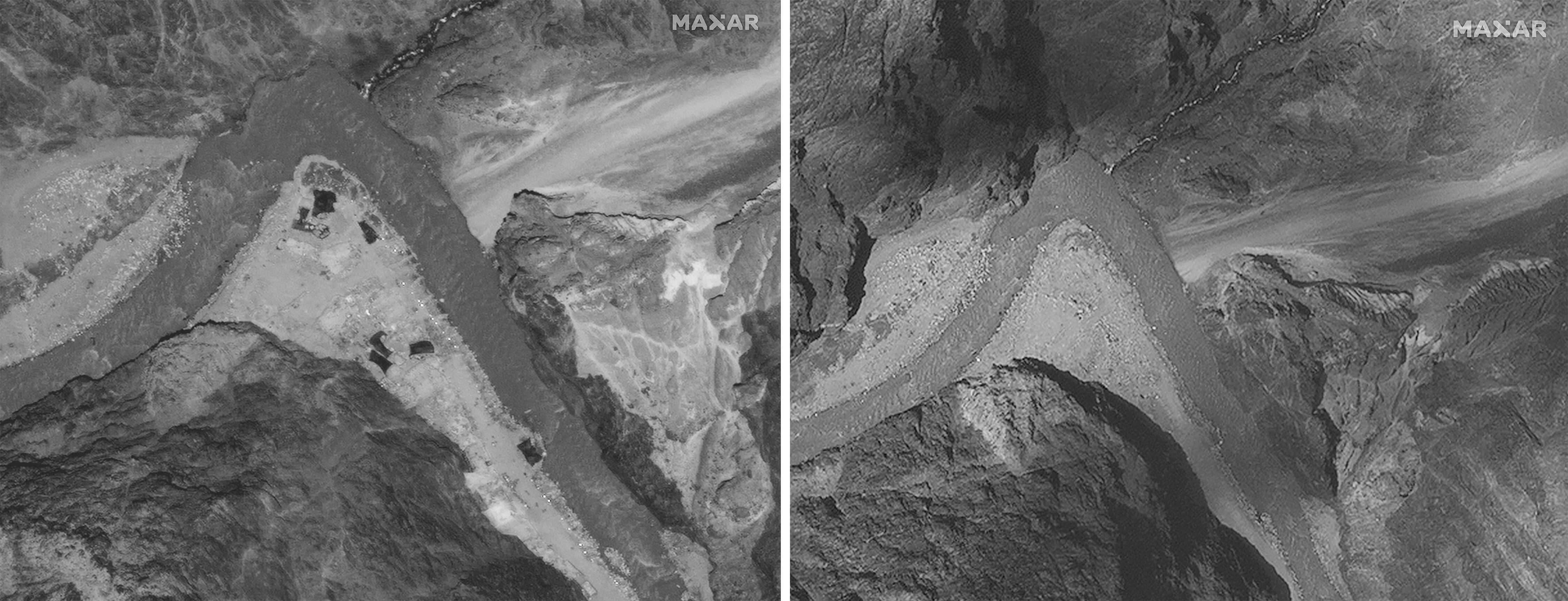Esta combinación de imágenes satelitales del 28 de junio de 2020 a la izquierda y del 6 de julio de 2020 proporcionadas por Maxar Technologies muestra el valle de Galwan a lo largo de la disputada frontera entre India y China. (Tecnologías Maxar vía AP)
