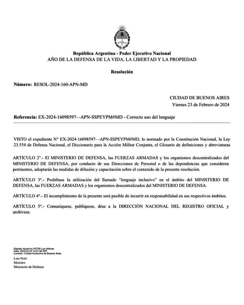 La resolución del Ministerio de Defensa que prohibió el uso del lenguaje inclusivo en las FF.AA