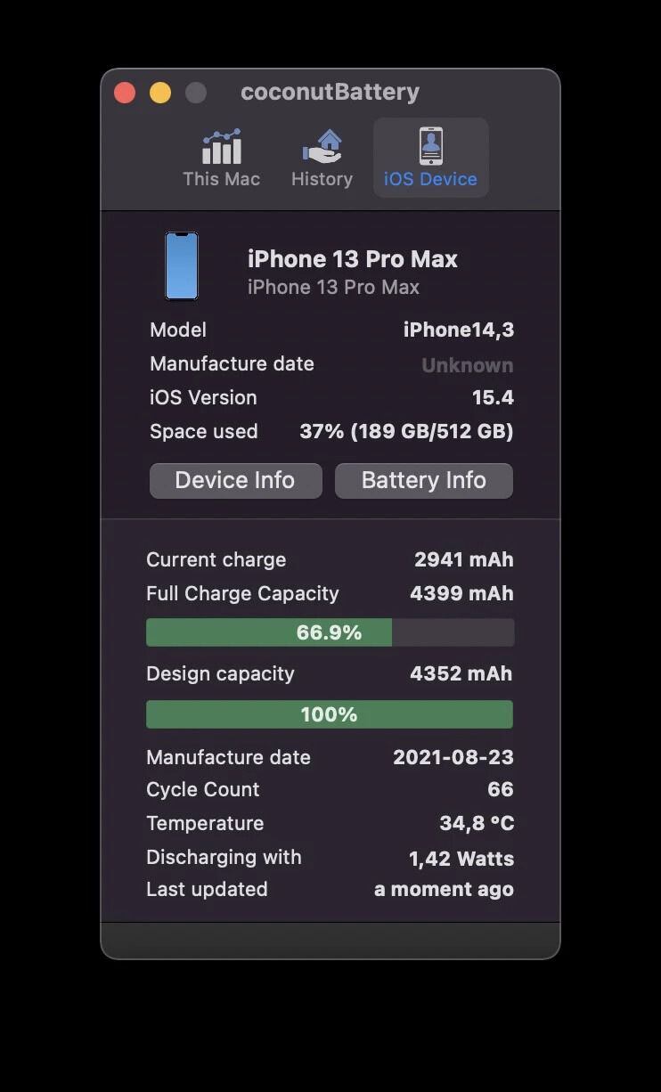 La aplicación Coconut Battery para Mac permite ver la capacidad de la carga de los iPhone de los usuarios. (Applesfera)