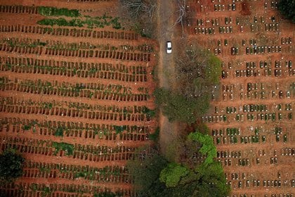 Un auto entre las tumbas del cementerio de Vila Formosa durante el brote de la enfermedad coronavirus (COVID-19), en Sao Paulo, Brasil (REUTERS/Amanda Perobelli)