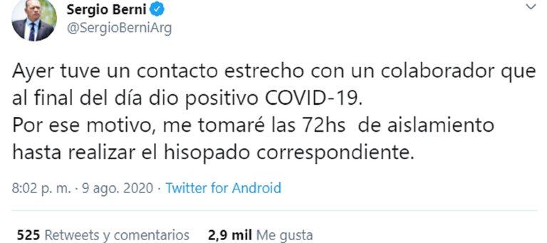 *ALERTA* El ministro de Seguridad bonaerense, Sergio Berni, tiene coronavirus