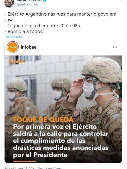 Jair Bolsonaro habló sobre el toque de queda en la Argentina y el Ejército en las calles (Twitter)