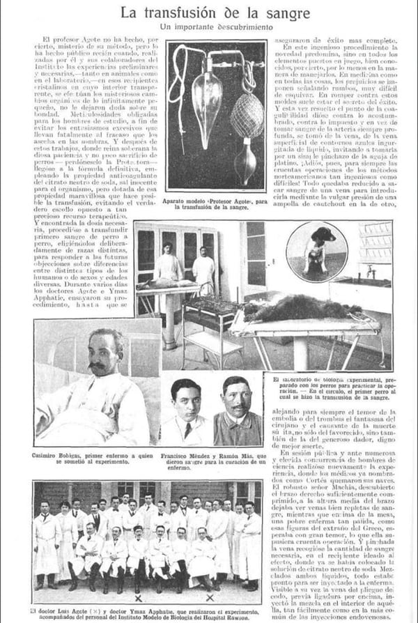 Interior de la Revista Caras y Caretas del 5/12/1914 donde se publicó una nota sobre la transfusión de la sangre, un descubrimiento revelador del doctor Luis Agote y que cambiaría la historia del ejercicio de la medicina.