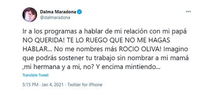 Furioso descargo de Dalma Maradona contra Rocío Oliva