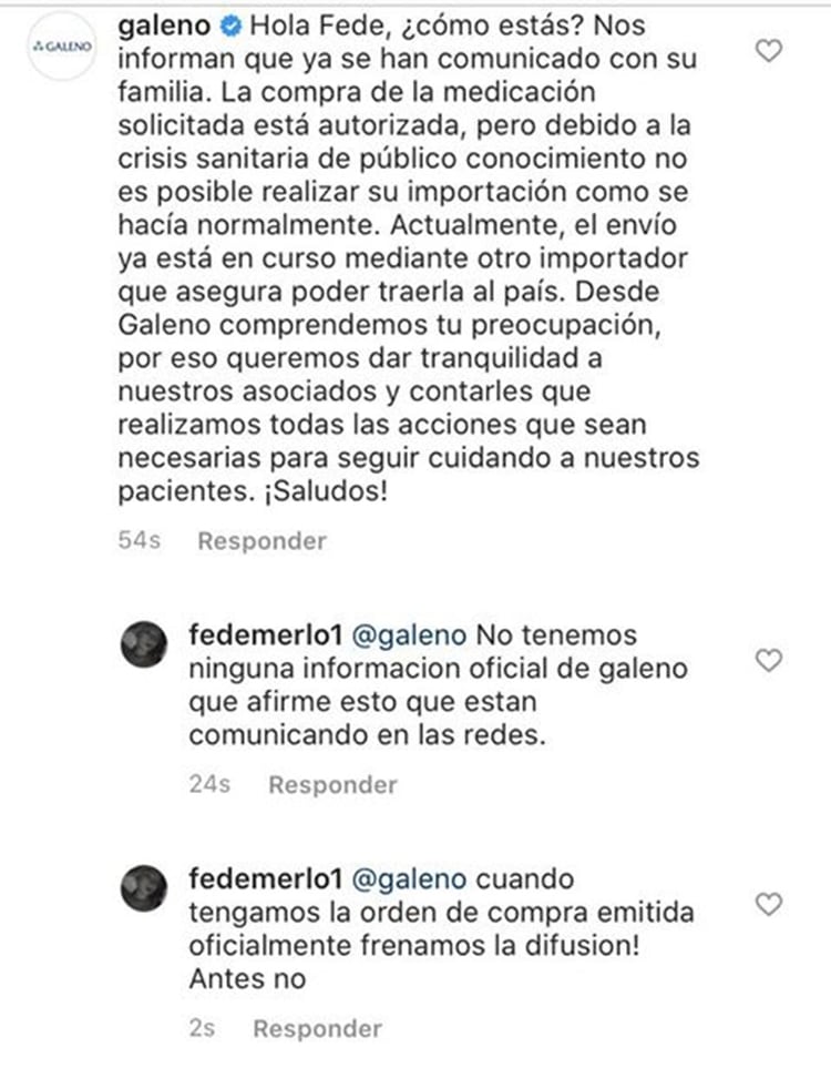 La respuesta de Galeno a la familia Merlo en Instagram. 