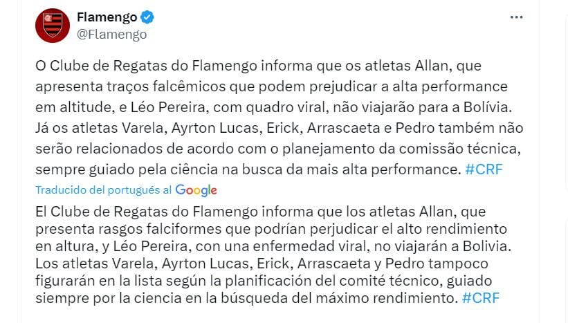 Flamengo confirmó siete bajas para el juego frente a Bolívar
