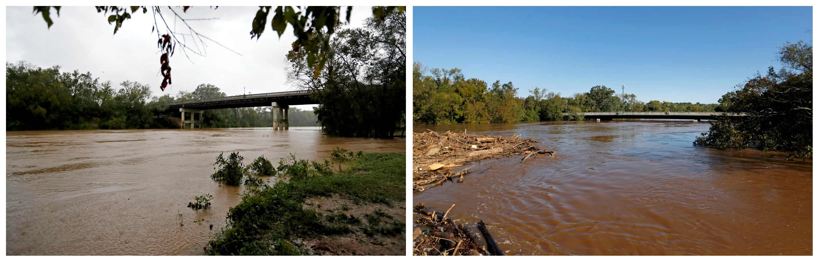 En esta combinación de fotografías, el río Cape Fear corre bajo el puente de la calle Person el 15 de septiembre de 2015, a la izquierda, y después, el 19 de septiembre, a la derecha, tras el paso del huracán Florence en Fayetteville, Carolina del Norte. (AP Foto/David Goldman)