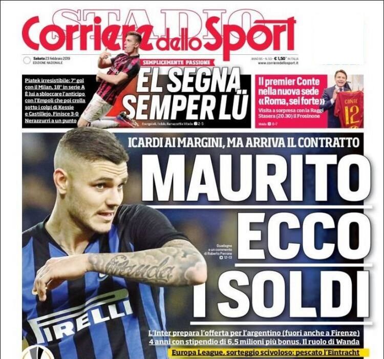 SegÃºn Corriere dello Sport, Inter le ofrecerÃ¡ a Mauro Icardi un contrato de 6.5 millones de euros mÃ¡s bonus