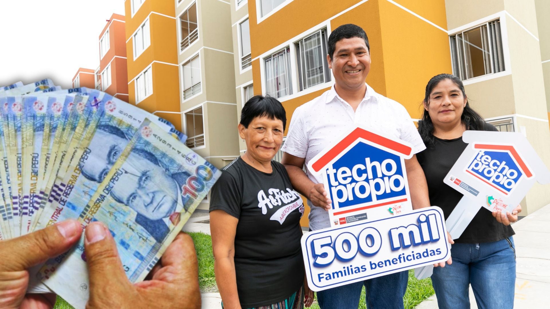 Familia con tres personas favorecidas por Techo Propio frente a edificio con mano con billetes de 100 soles