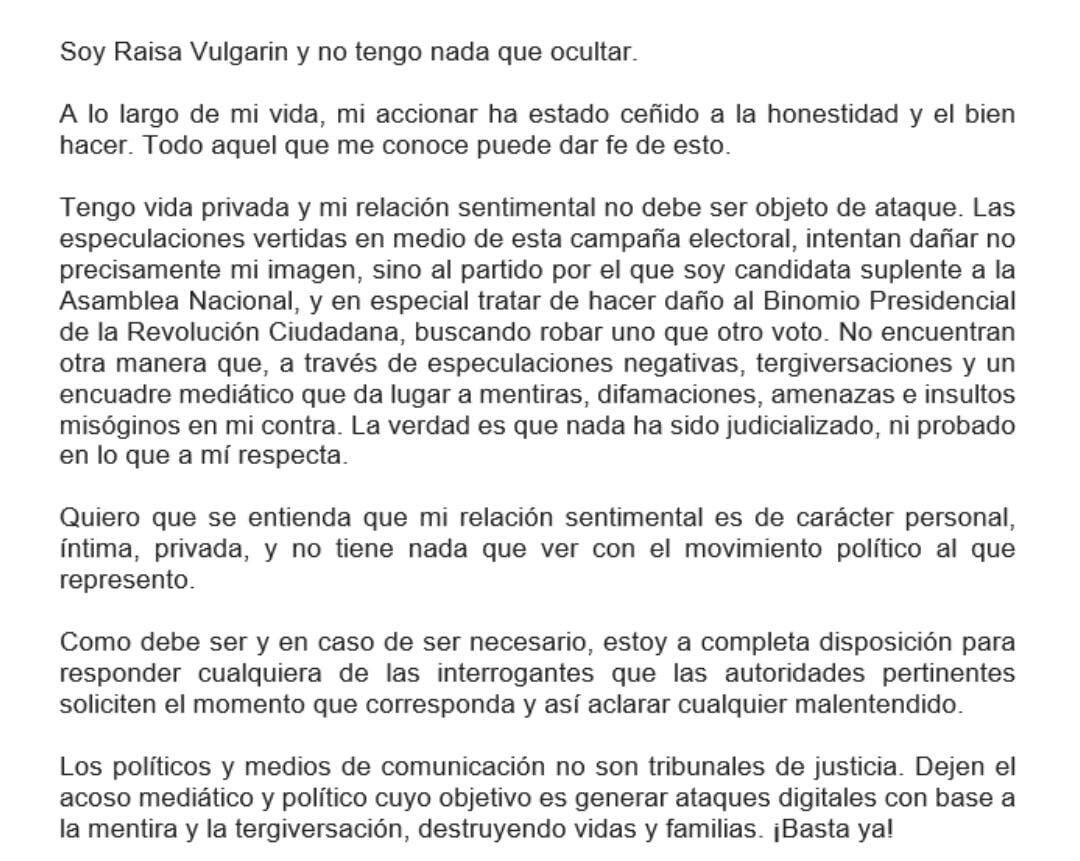 Comunicado emitido por Raisa Vulgarín. (Twitter/@RaiVulgarin)