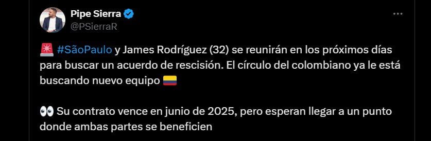 Todo indicaría que James Rodríguez y São Paulo finalmente sí acabarían contrato por falta de minutos - crédito @PSierraR/X