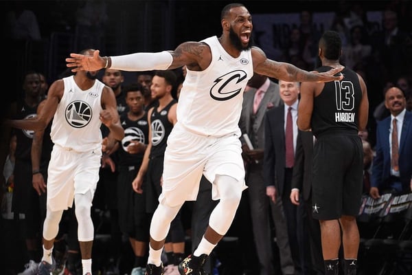 LOS ANGELES, CA - FEBRUARY 18: LeBron James #23 of Team LeBron celebrates during the NBA All-Star Game 2018 at Staples Center on February 18, 2018 in Los Angeles, California. Kevork Djansezian/Getty Images/AFP