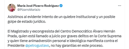 La senadora María José Pizarro se refirió a la posibilidad de que la investigación del CNE termine en un golpe de Estado jurídico - crédito @PizarroMariaJo/X
