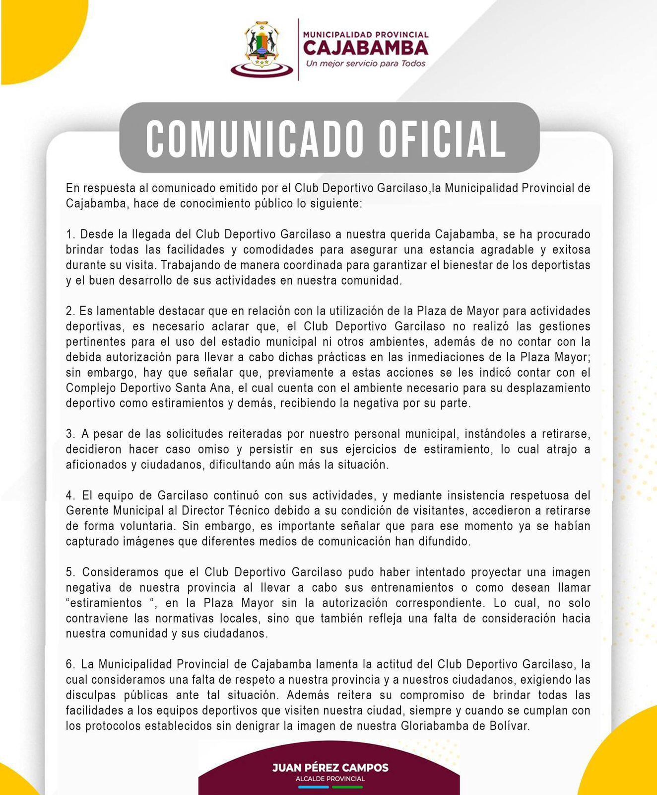 Comunicado de la Municipal de Cajabamba respecto a la denuncia pública de Deportivo Garcilaso.