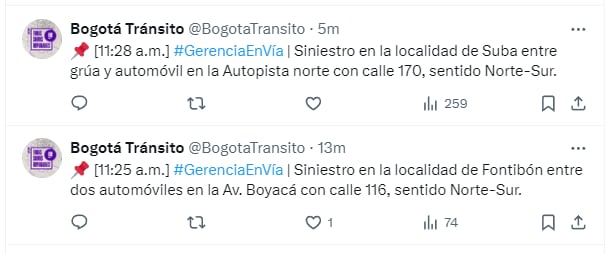 Reportes de accidentes en Tránsito, viernes 8 de marzo - crédito @BogotaTransito/X