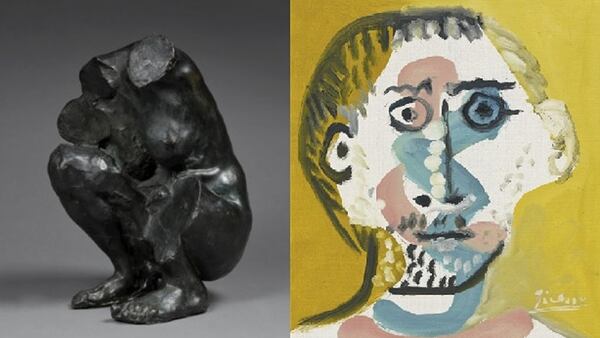 Izquierda: “Torso de una mujer en cuclillas”, bronce, modelada ca.1887 y fundida en 1913 por Camille Claudel (1864-1943). Derecha: “Tête d’Homme”, óleo sobre lienzo de Pablo Picasso (1965)