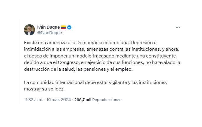 El expresidente señaló que el llamado a una constituyente es una amenaza a la democracia - crédito @IvanDuque/X