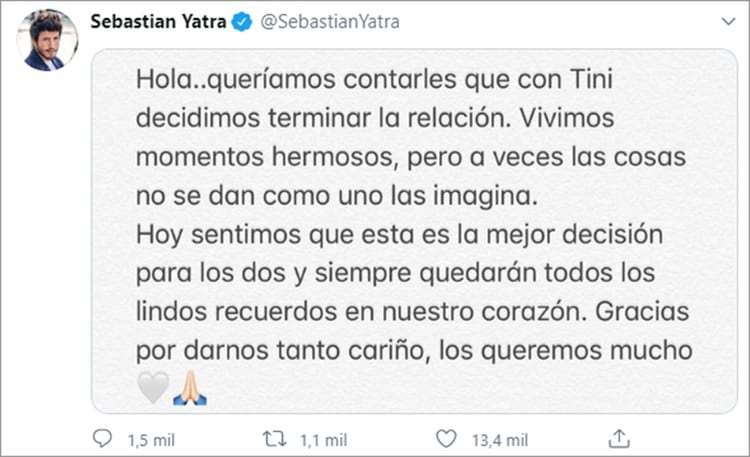 El tuit de Yatra anunciando su separaci贸n de Tini Stoessel