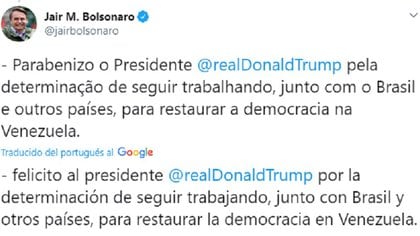 Tuit de Jair Bolsonaro
