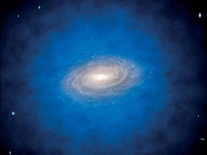 24/02/2021 Impresión artística de una galaxia espiral incrustada en una distribución más grande de materia oscura invisible, conocida como halo de materia oscura (de color azul).
POLITICA INVESTIGACIÓN Y TECNOLOGÍA
ESO / L. CALÇADA
