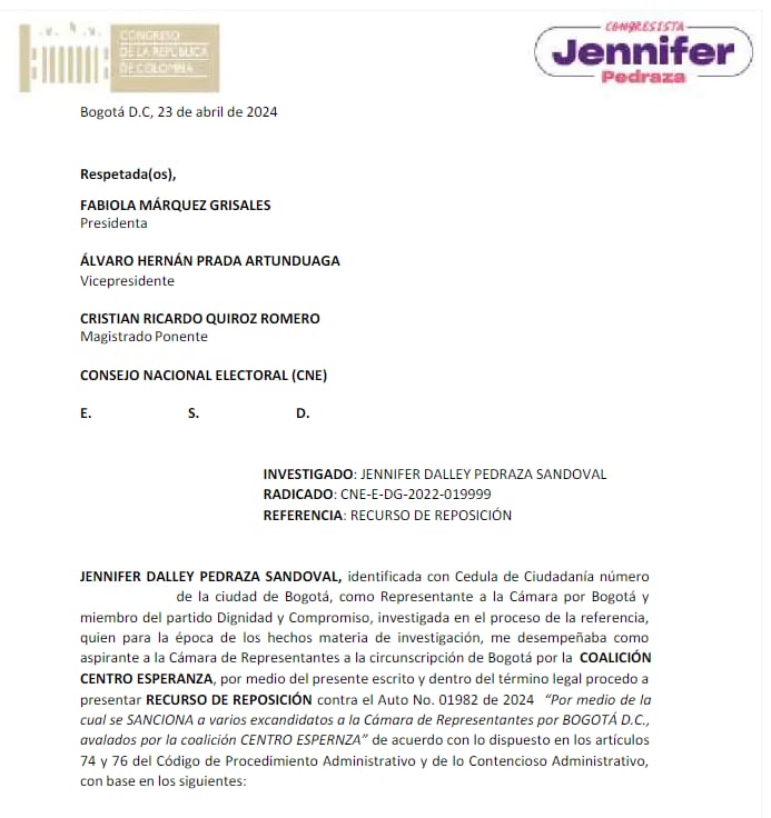 Recurso de reposición solicitado por la representante Jennifer Pedraza ante el CNE - crédito Colprensa