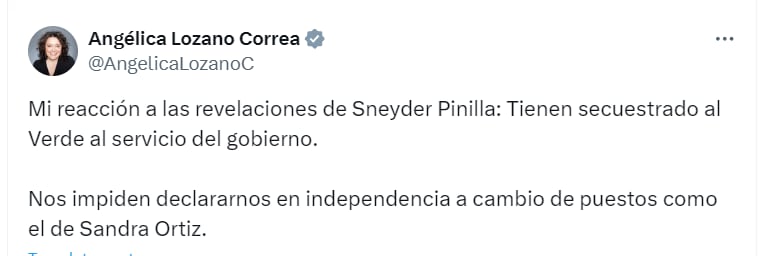 Angélica Lozano aseguró que el Gobierno "tiene secuestrado al Partido Verde" - crédito @AngelicaLozanoC/X