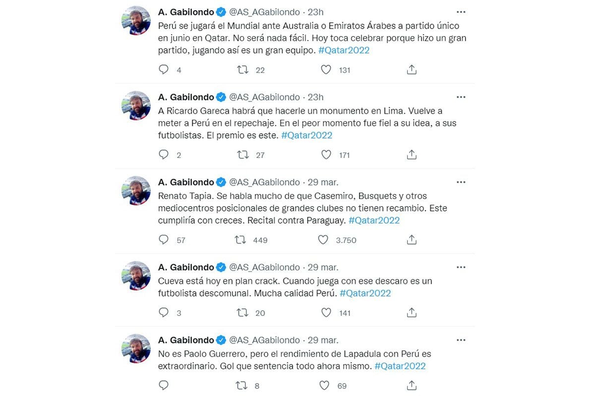 Publications by journalist Aritz Gabilondo on the Peruvian national team against Paraguay.