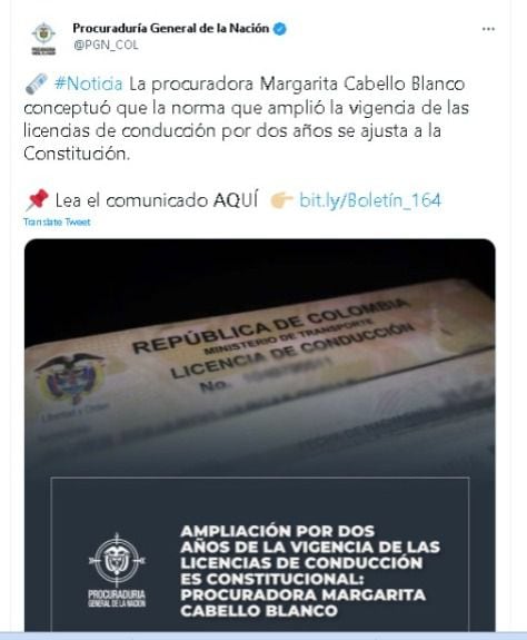 This was published by the entity on social networks. Photo: Twitter @PGN_COL