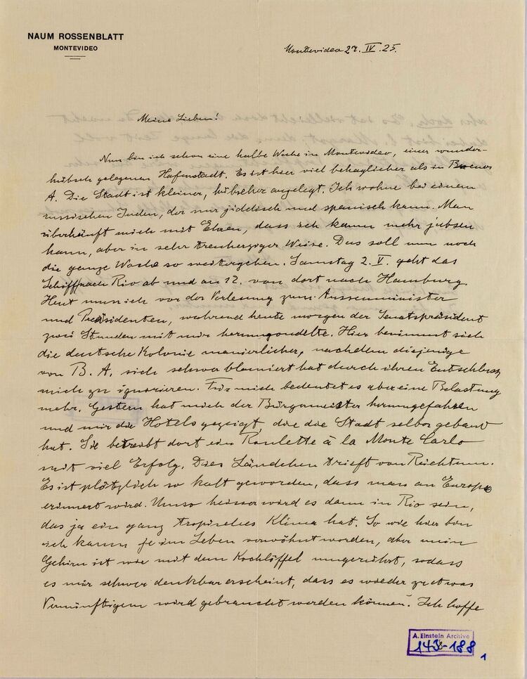 Carta a Elsa y Margot del 27 de abril de 1925, desde Montevideo (Ardon Bar-Hama/Einstein Archives at Hebrew U.)