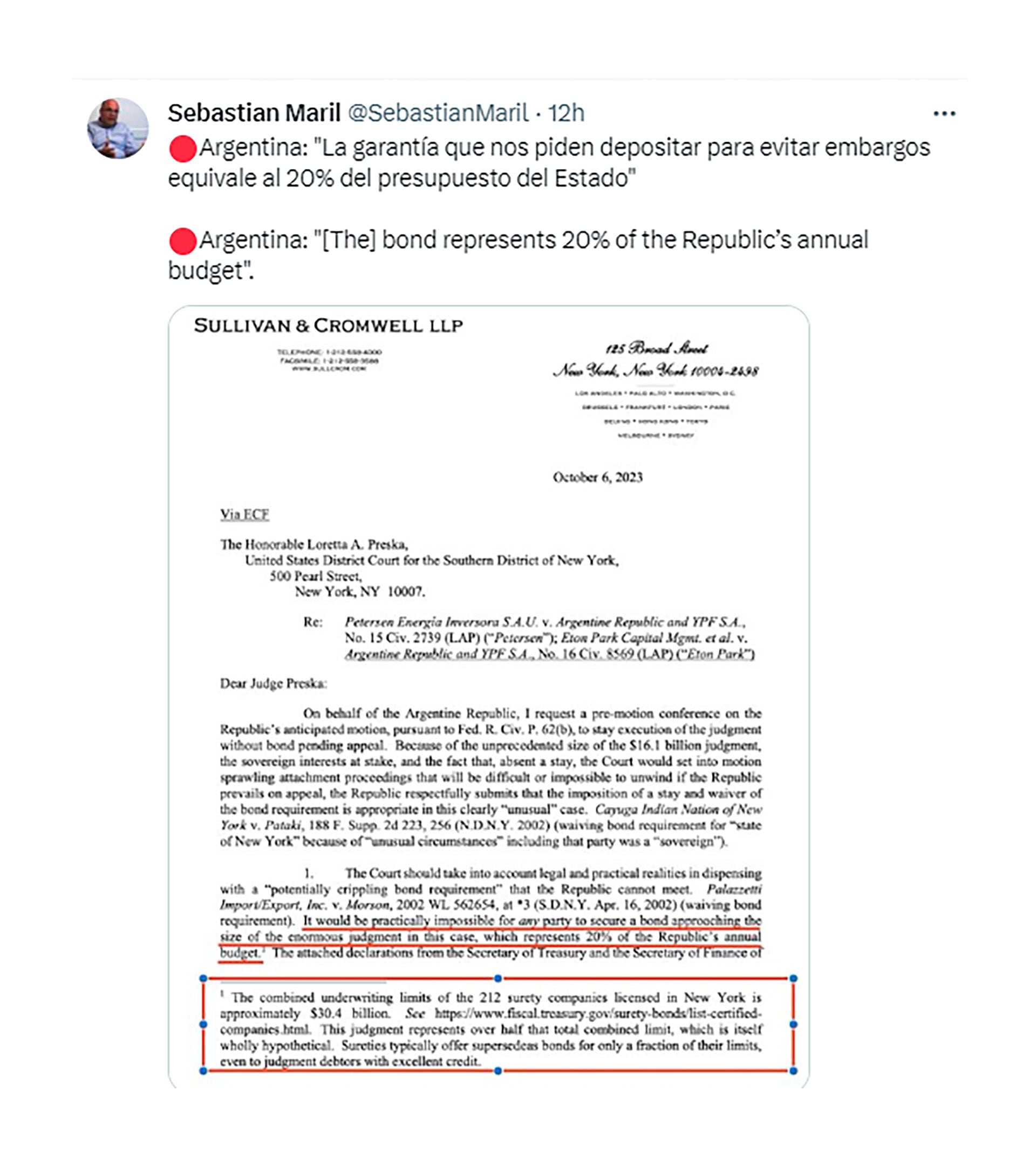 El posteo de Sebastián Maril, de Latam Advisors, sobre el escrito que presentó el estudio que representa al estado argentino