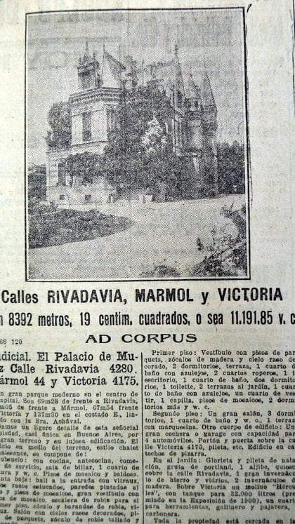 En 1917, el diario La Nación publicó un artículo de venta del Palacio Muñiz. Informaba que era una construcción "casi única en Buenos Aires"