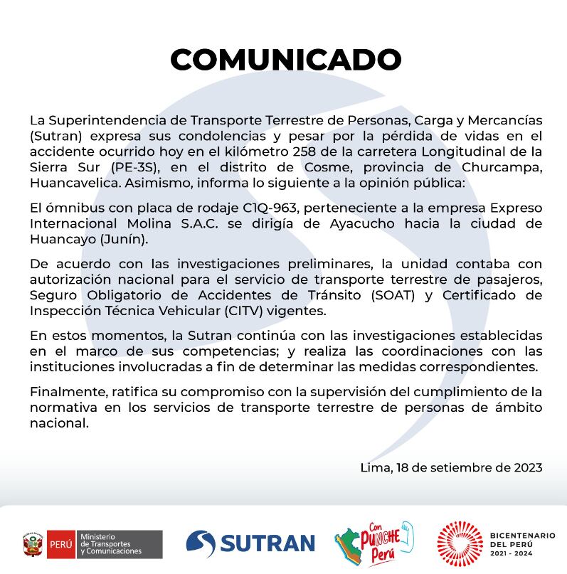 Comunicado de Sutran sobre accidente automovilístico donde fallecieron más de 20 personas, en la región peruana de Huancavelica.