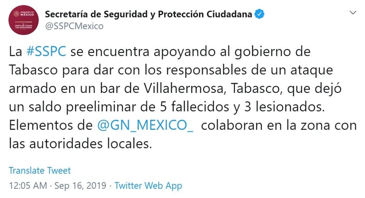 La SecretarÃ­a de Seguridad y ProtecciÃ³n Ciudadana informÃ³ sobre el ataque (Foto: Twitter)