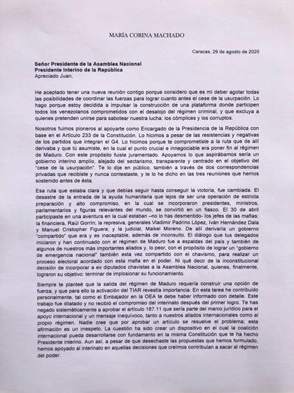 La carta pública de María Corina Machado a Juan Guaidó 