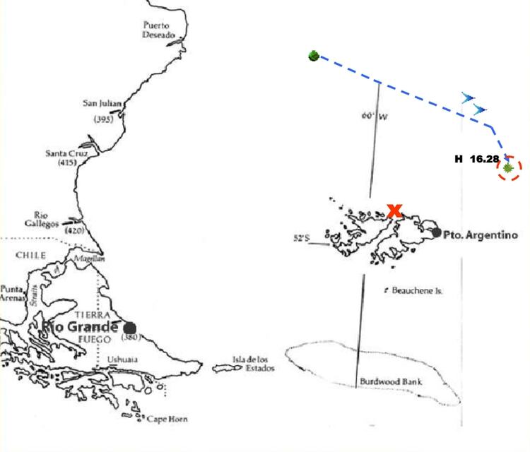AsÃ­ fue la ruta de ataque: desde RÃ­o Grande volaron mil kilÃ³metros hasta la latitud de Puerto Deseado donde reabastecieron combustible. Luego viraron hacia el este y a un distancia de 37 km del blanco dispararon los misiles. Fueron 4.10 horas de vuelo.