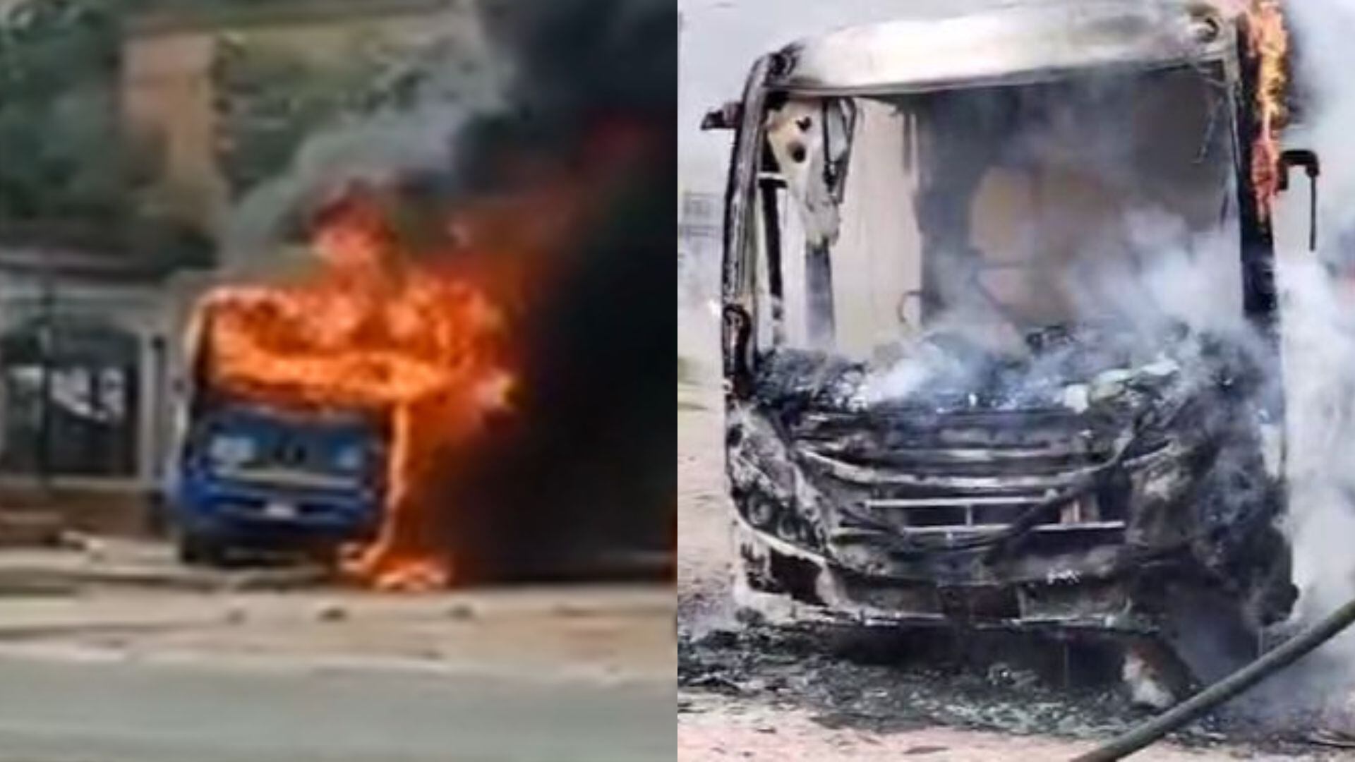 Un grupo de manifestantes provocaron el incendio de un autobús del SITP, generando una rápida respuesta de TransMilenio y las autoridades - crédito redes sociales y Bomberos Bogotá