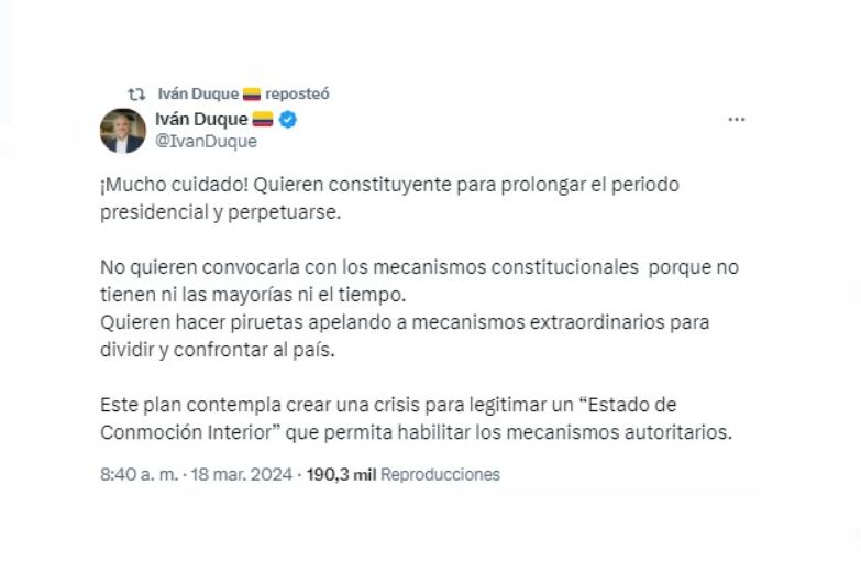 Iván Duque manifestó su preocupación ante lo que considera una amenaza para la estabilidad y la cohesión del sistema político colombiano - crédito @IvanDuque/X