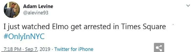 “Acabo de ver cómo arrestaban a Elmo en Times Square. #SóloenNuevaYork” escribió un usuario en su cuenta de Twitter tras la detención (Foto: Twitter)